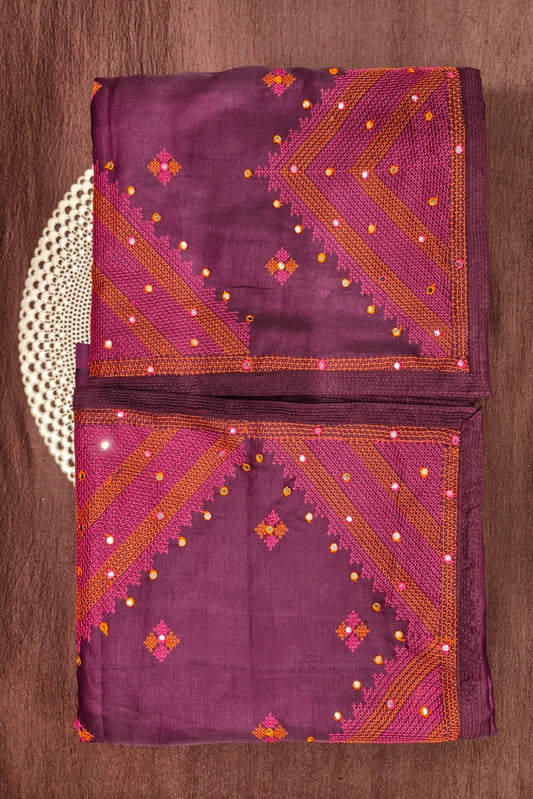 Deep Purple Semi Munga Silk Cross Stitch Work Saree, With Unstiched Blouse