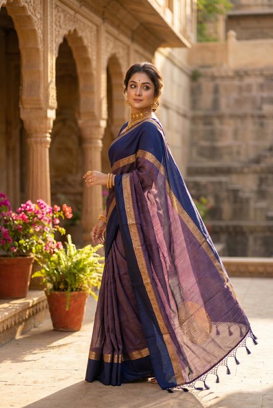 Purple and navy blue Tussar Banarasi silk saree from Saarang Sarees with handwoven motifs and an unstiched blouse.