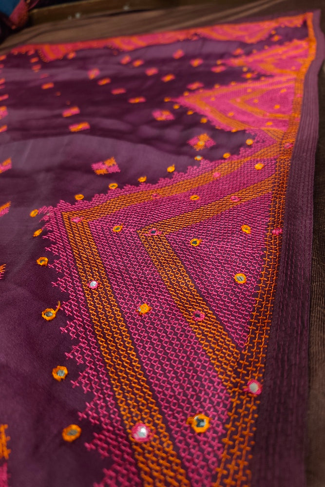 Deep Purple Semi Munga Silk Cross Stitch Work Saree, With Unstiched Blouse