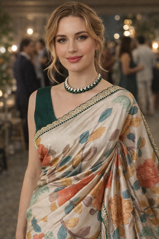 Offwhite Tussar Silk Printed Saree With Embroidery Border, With Unstiched Blouse