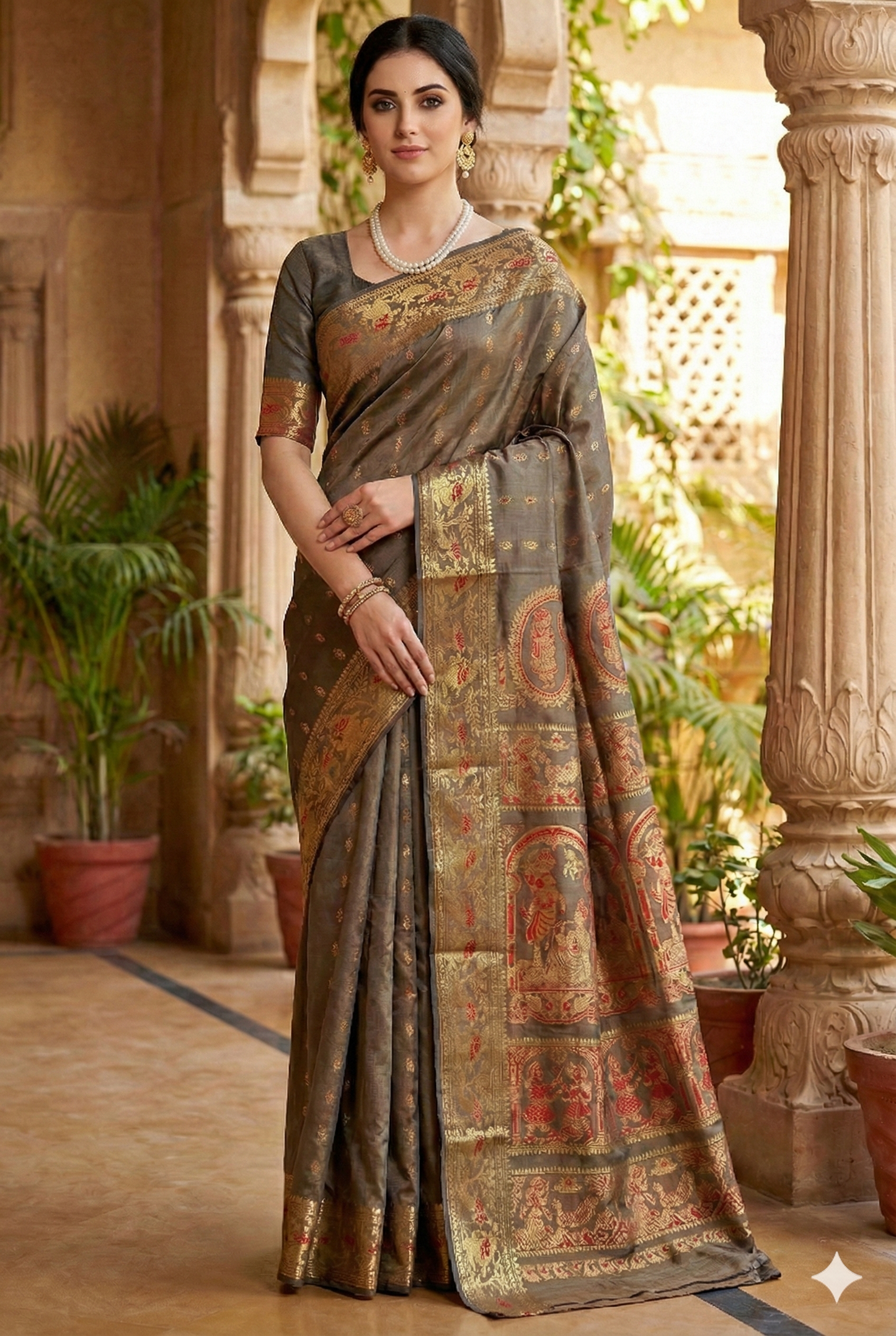 Chocolate Brown Hand Woven Baluchari Silk Saree, With Unstihed Blouse