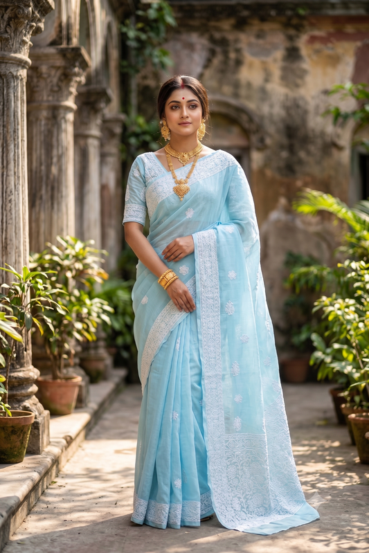Sky Cotton Saree With Chikankari Embroidery, Unstitched Blouse
