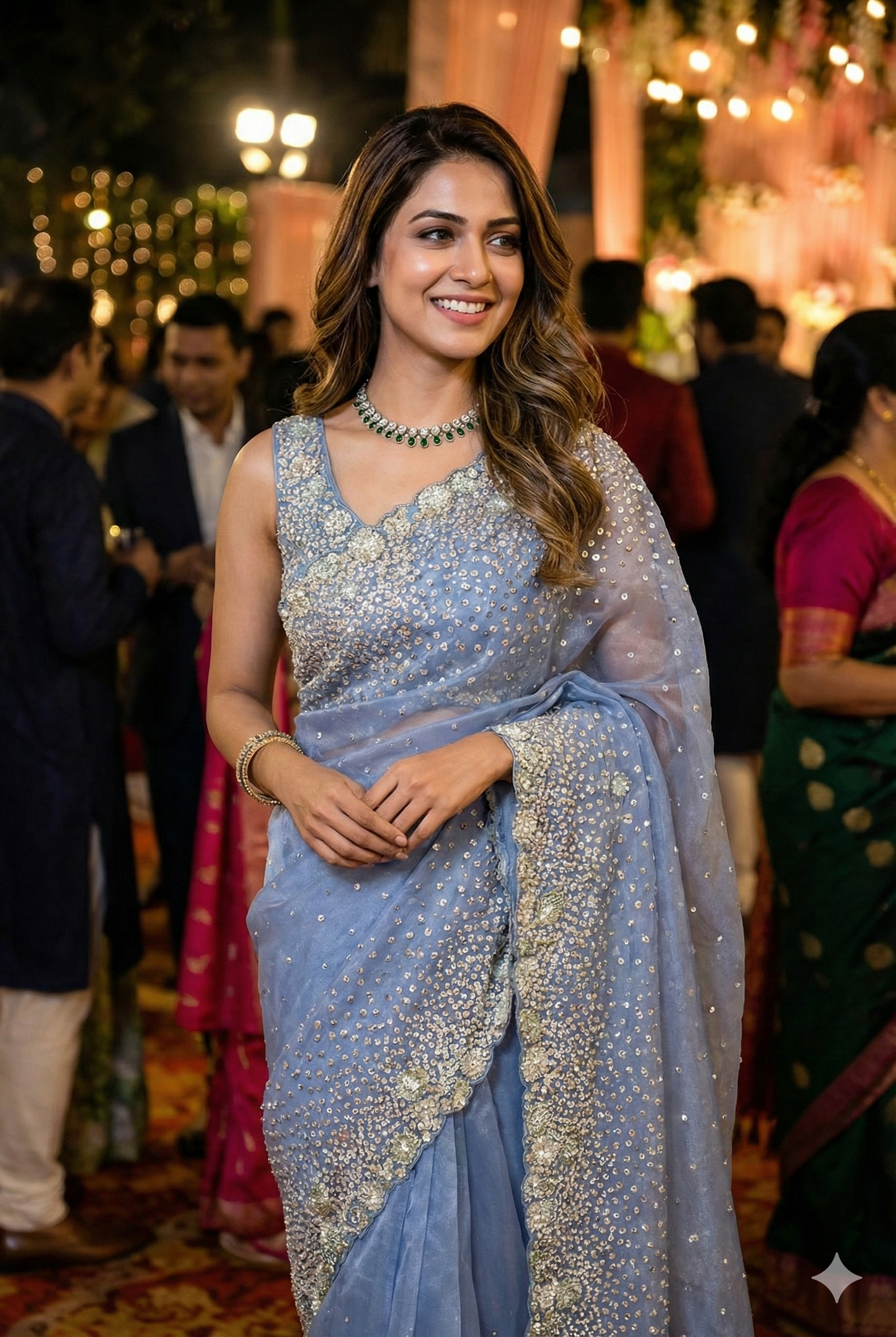 Powder Blue Organza Silk Saree With Sequence Work, With Unstiched Blouse