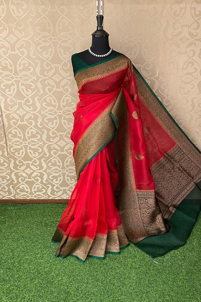 Red Kora Banarasi Silk Saree, With Unstiched Blouse