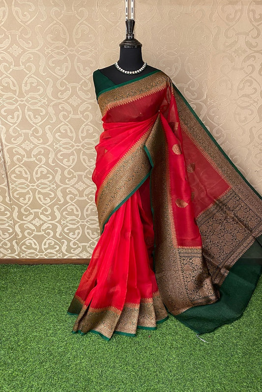 Red Kora Banarasi Silk Saree, With Unstiched Blouse
