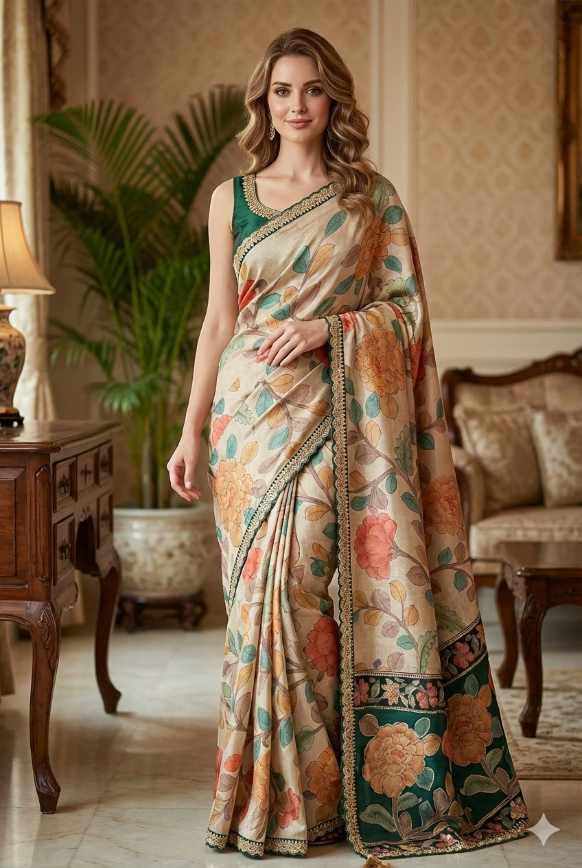 Offwhite Tussar Silk Printed Saree With Embroidery Border, With Unstiched Blouse