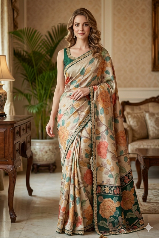 Offwhite Tussar Silk Printed Saree With Embroidery Border, With Unstiched Blouse