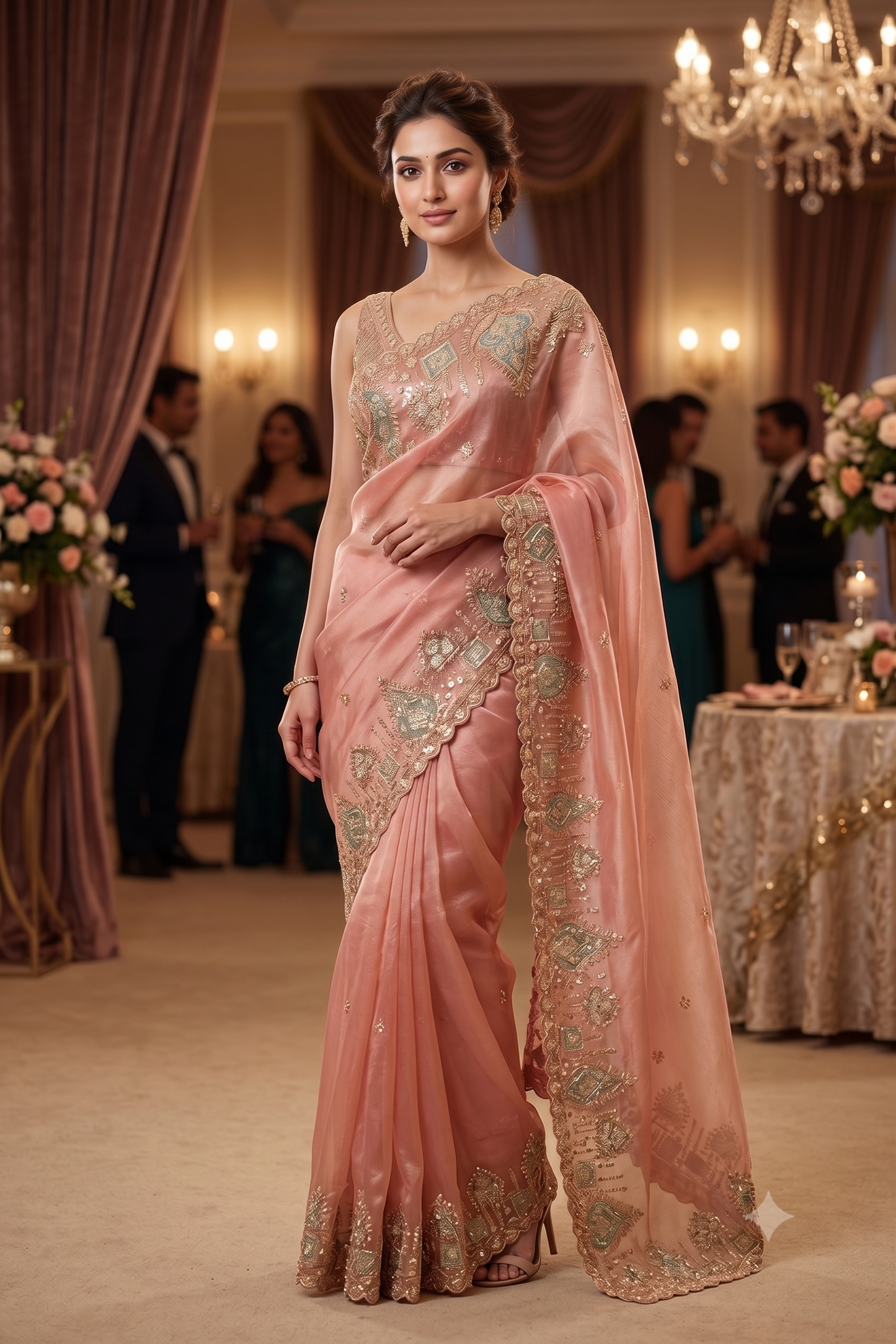Golden Peach Soft Tissue Organza Silk Embroidery Saree, With Unstiched Blouse