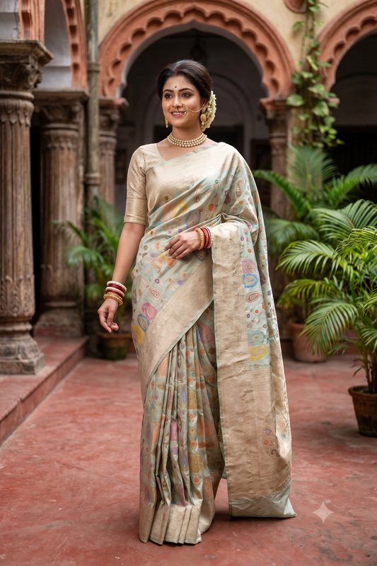 Grey Uppada Banarasi Silk Saree, With Unstiched Blouse
