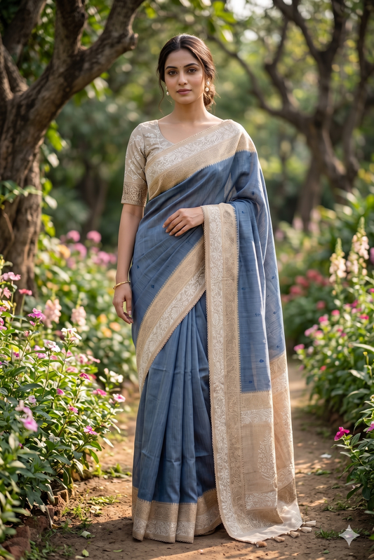 Powder blue Munga Banarasi silk saree with handwoven motifs and matching unstiched blouse, traditional wear by Saarang Sarees.
