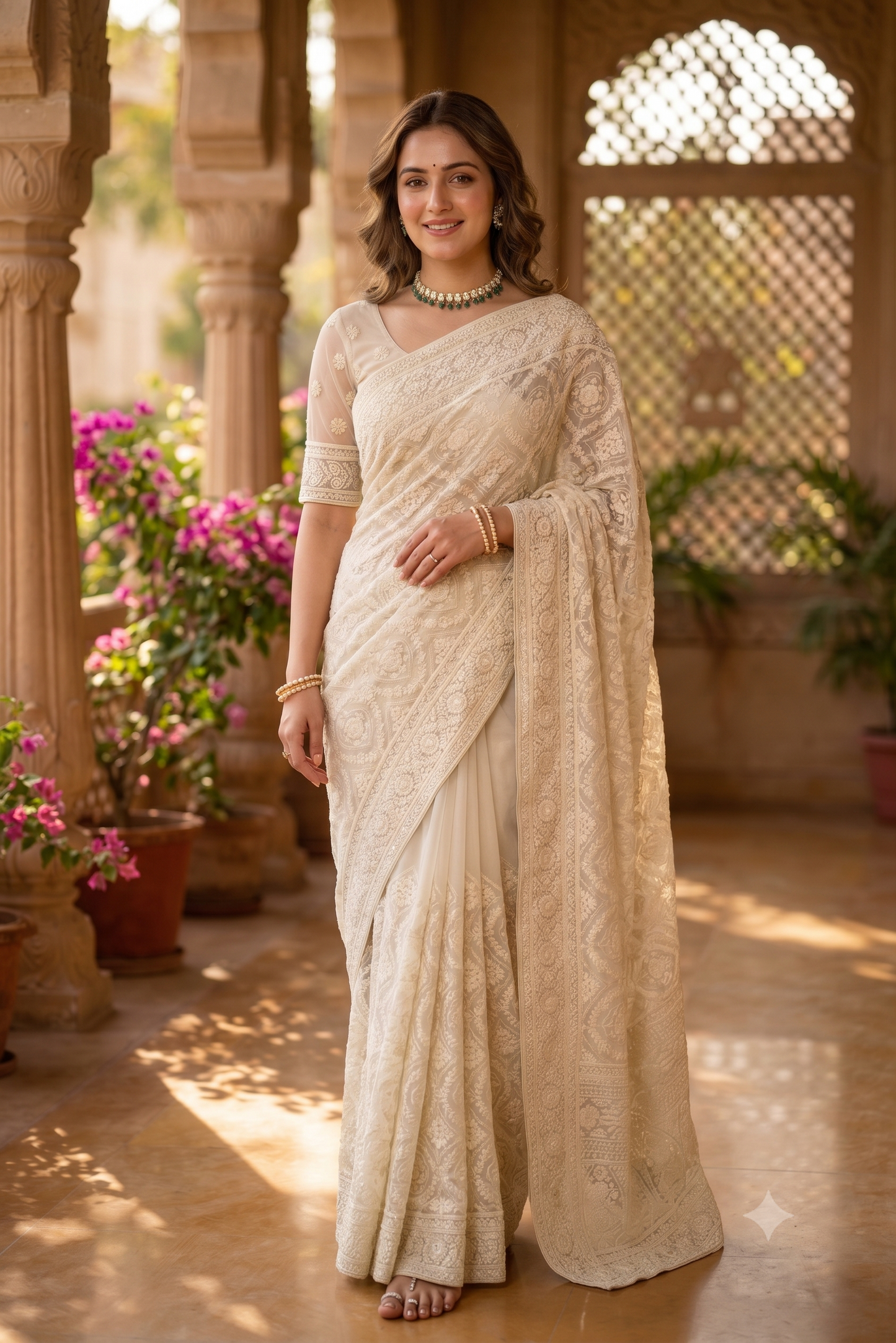 Off-White Georgette Chikankari Saree, With Unstiched Blouse