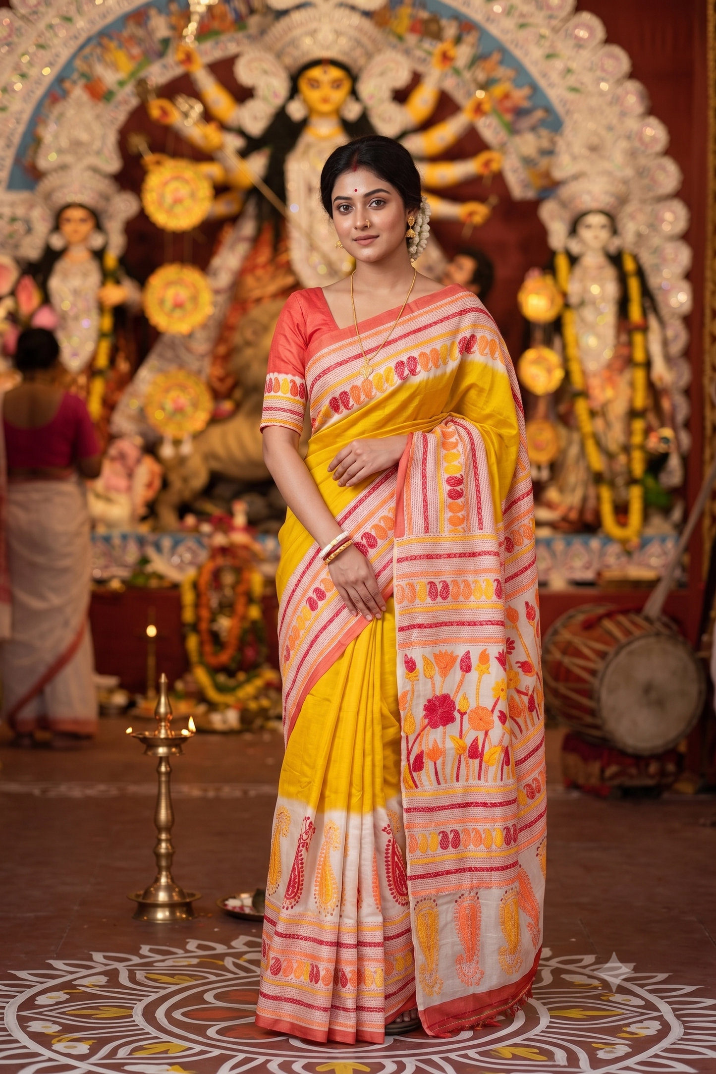 Mustard Yellow Tussar Embroidery Saree With Kantha Work Border, With Unstitched Blouse