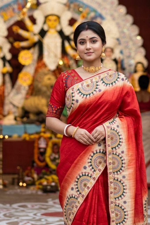 Red Tussar Hand Embroidery Saree, With Unstitched Blouse