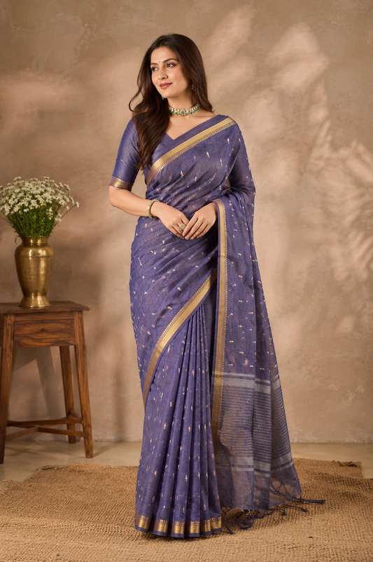 Deep Blue Pure Linen Kashmiri Work Saree With Unstiched Blouse