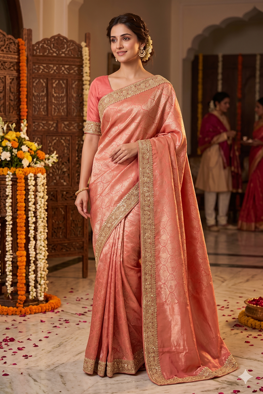 Peach Banarasi Silk Saree With Zardosi Embroidery Work, With Unstiched Blouse