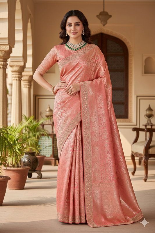 Pink Banarasi Silk Saree With Embroidery Border Work, With Unstiched Blouse