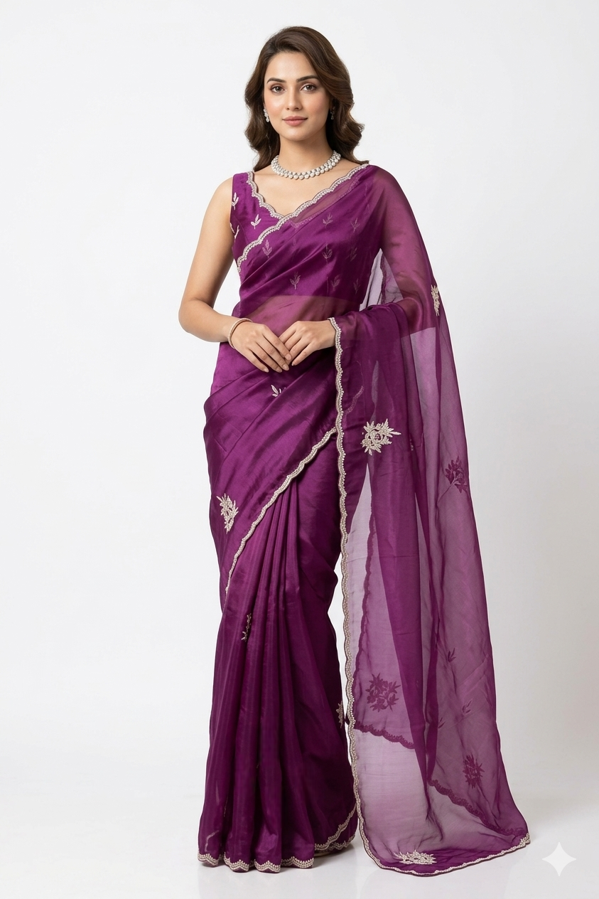 Purple soft organza silk saree with embroidery, party wear, from Saarang Sarees, shown with an unstiched blouse.