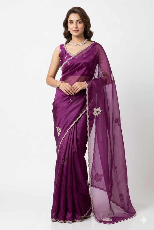 Purple soft organza silk saree with embroidery, party wear, from Saarang Sarees, shown with an unstiched blouse.