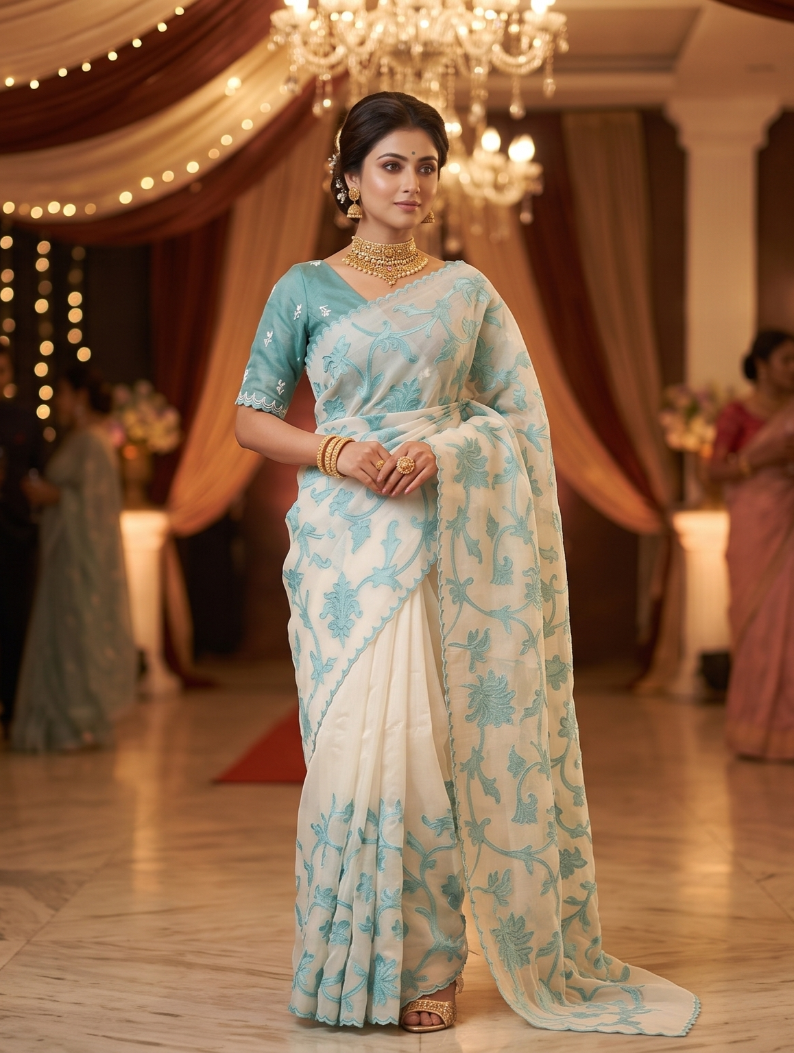 Off-White & Blue Organza Saree With Appliqué Work, With One Unstitched Blouse