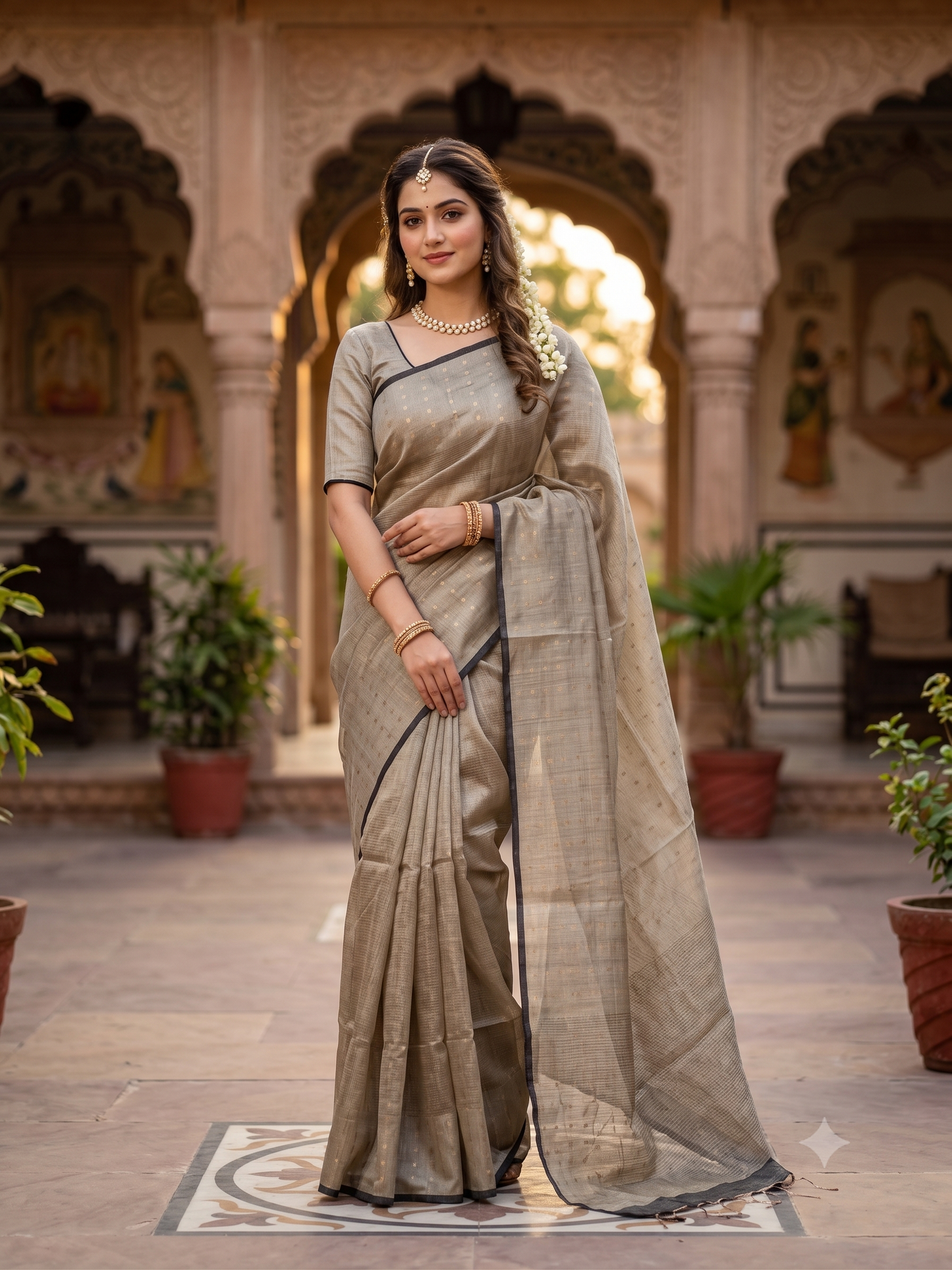 Grey Handloom Silk Saree, With Unstiched Blouse