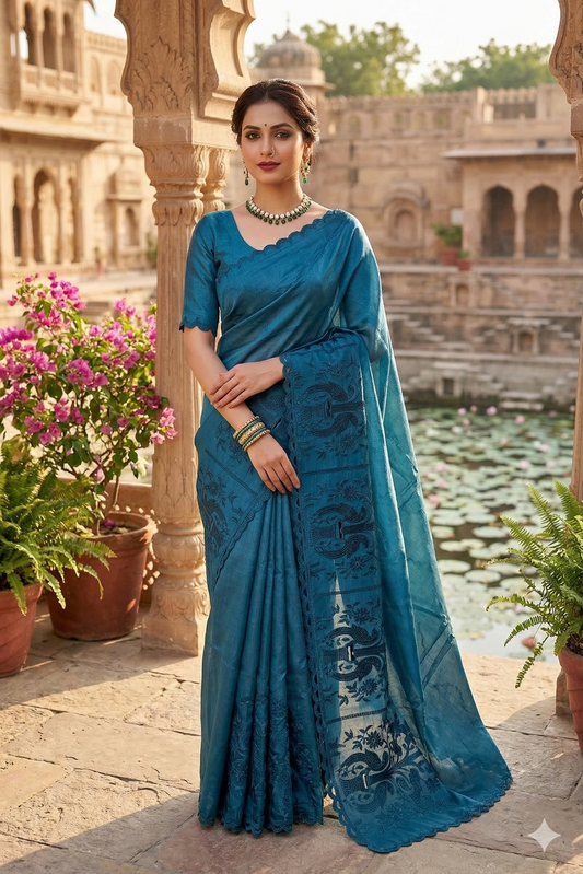 Royal blue tussar organza saree with applique work border and unstiched blouse, ideal for party wear from Saarang Sarees.