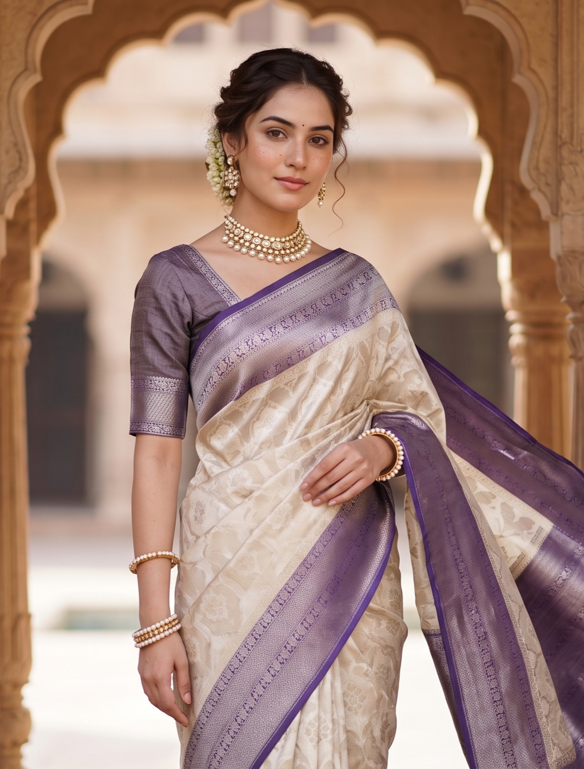 Off-White Tissue Banarasi Silk Saree, With Unstiched Blouse