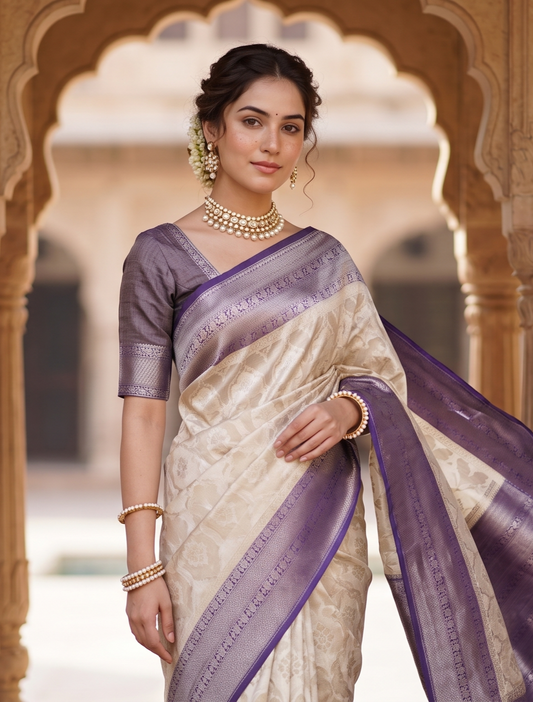 Off-White Tissue Banarasi Silk Saree, With Unstiched Blouse