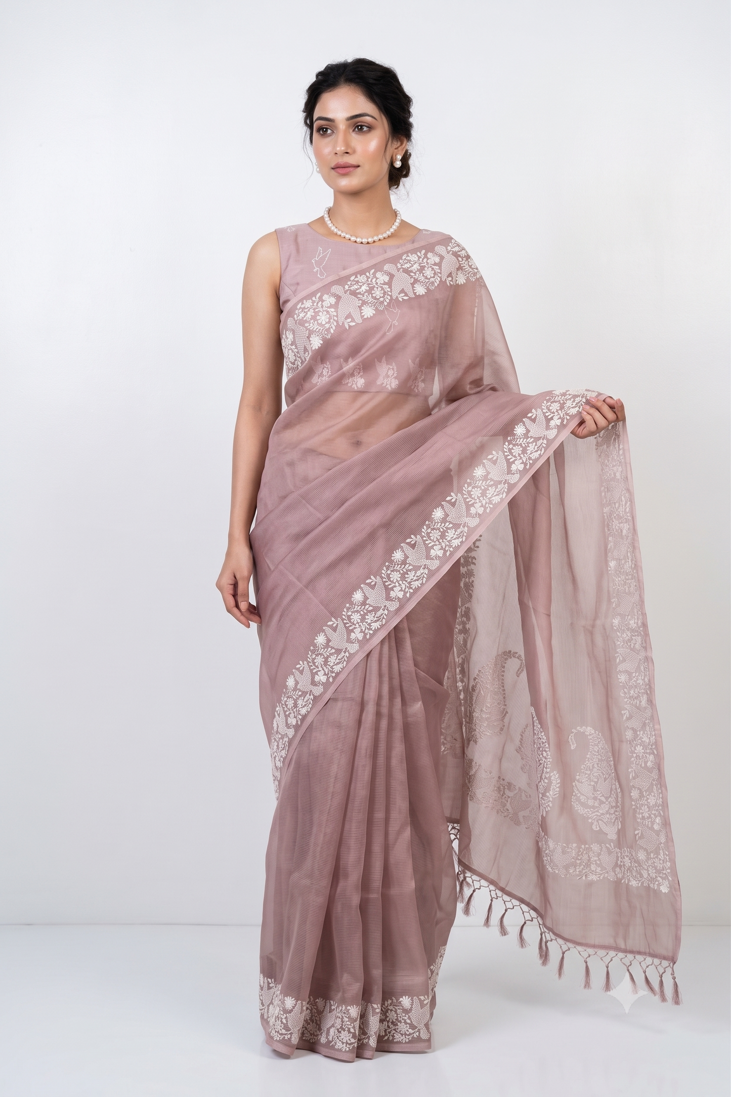 Light Brown Organza Silk Resham Embroidery Saree, With Unstiched Blouse