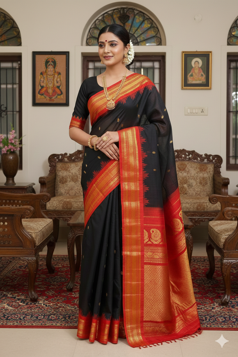 Black Sico Gadwal saree with intricate gold zari work and matching unstiched blouse, traditional Indian wear by Saarang Sarees.