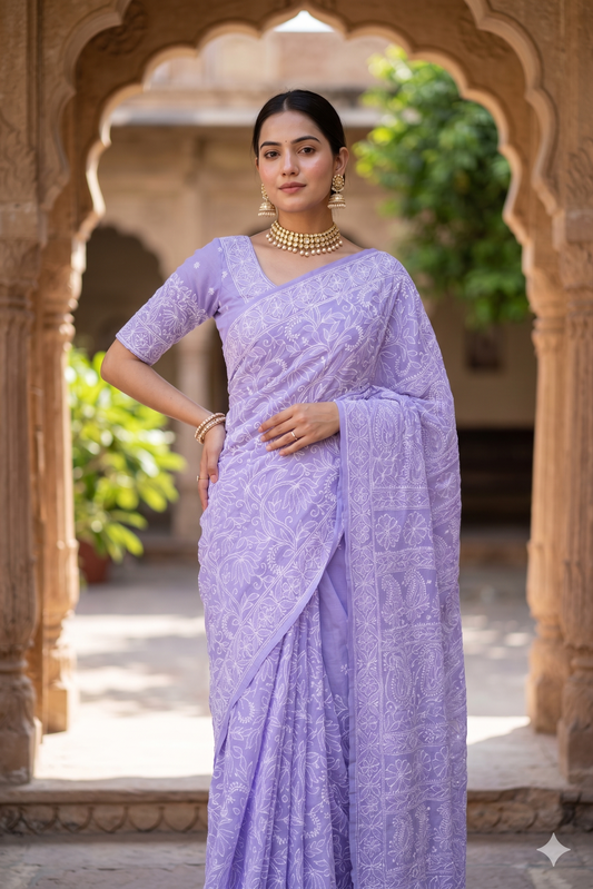 Light purple cotton Chikankari saree with unstiched blouse, perfect for party wear by Saarang Sarees, shown with intricate embroidery.