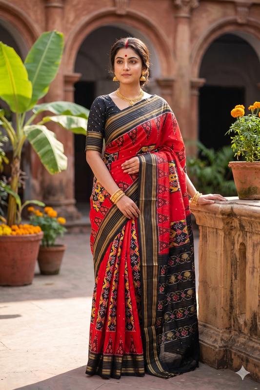 Cherry red Pochampally Ikat silk saree with traditional design and matching unstiched blouse from Saarang Sarees.