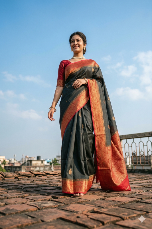 Black Tussar Banarasi silk saree with hand-woven motifs and unstiched blouse, traditional Indian wear by Saarang Sarees.