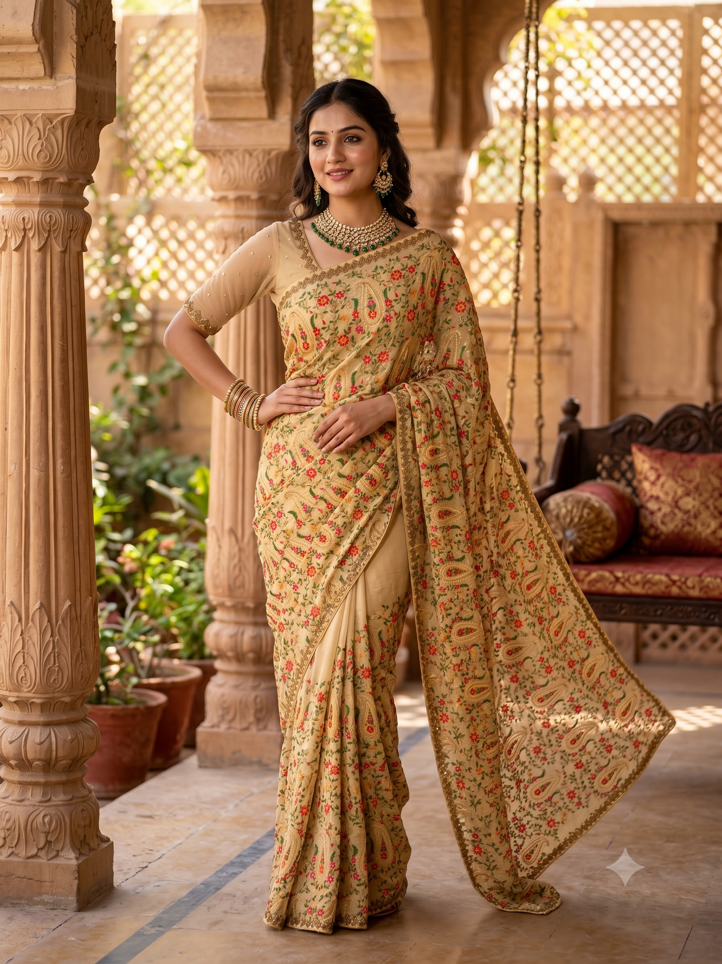Off-White Georgette Saree With Kashmiri Embroidery Work, With Unstiched Blouse