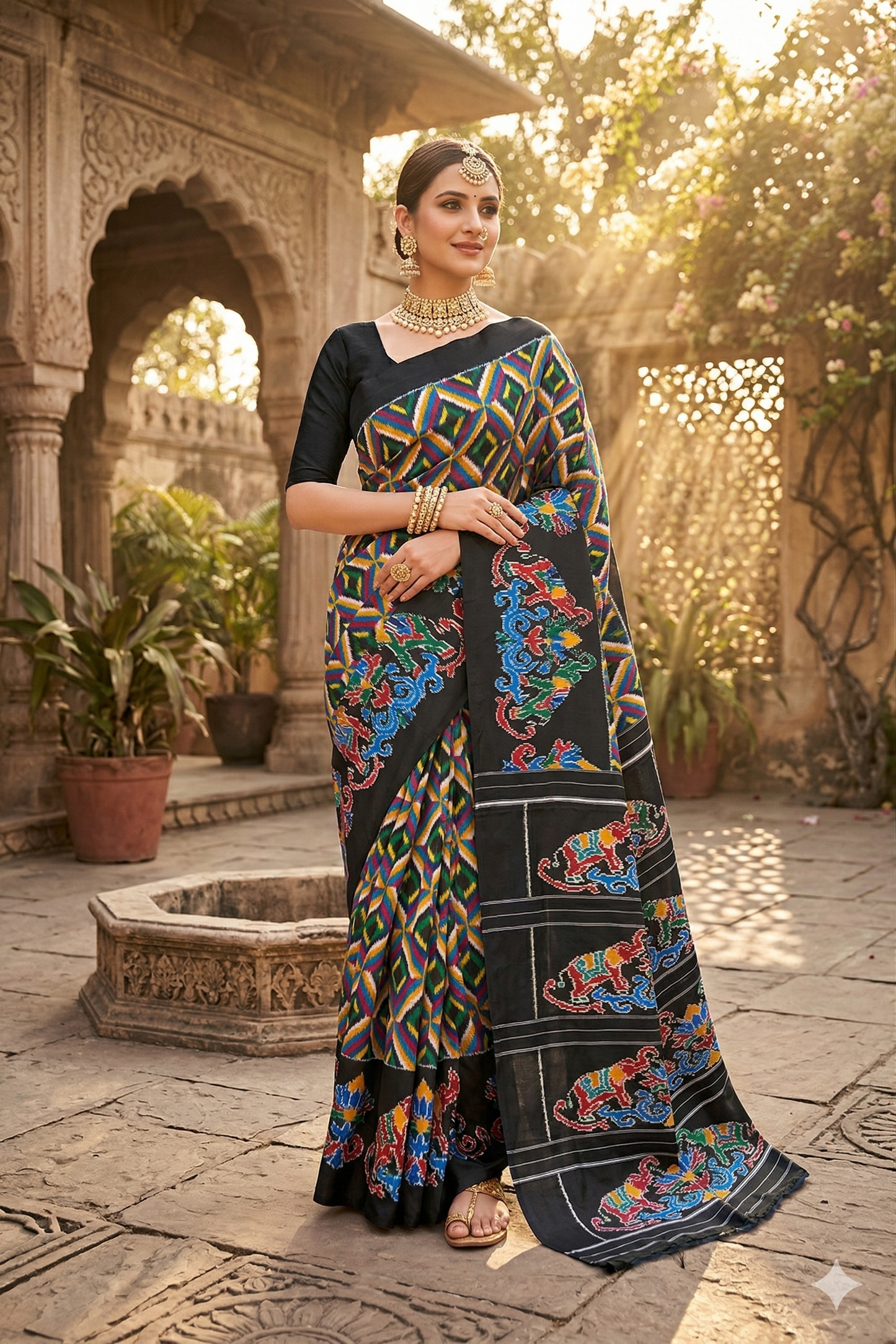 Black Pochampally Ikat silk saree with multicolor weaving and unstiched blouse, traditional wear by Saarang Sarees.