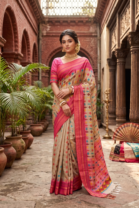 Beige & Multi Vidarbha Tussar Silk With Kutch Work Saree, With Unstitched Blouse