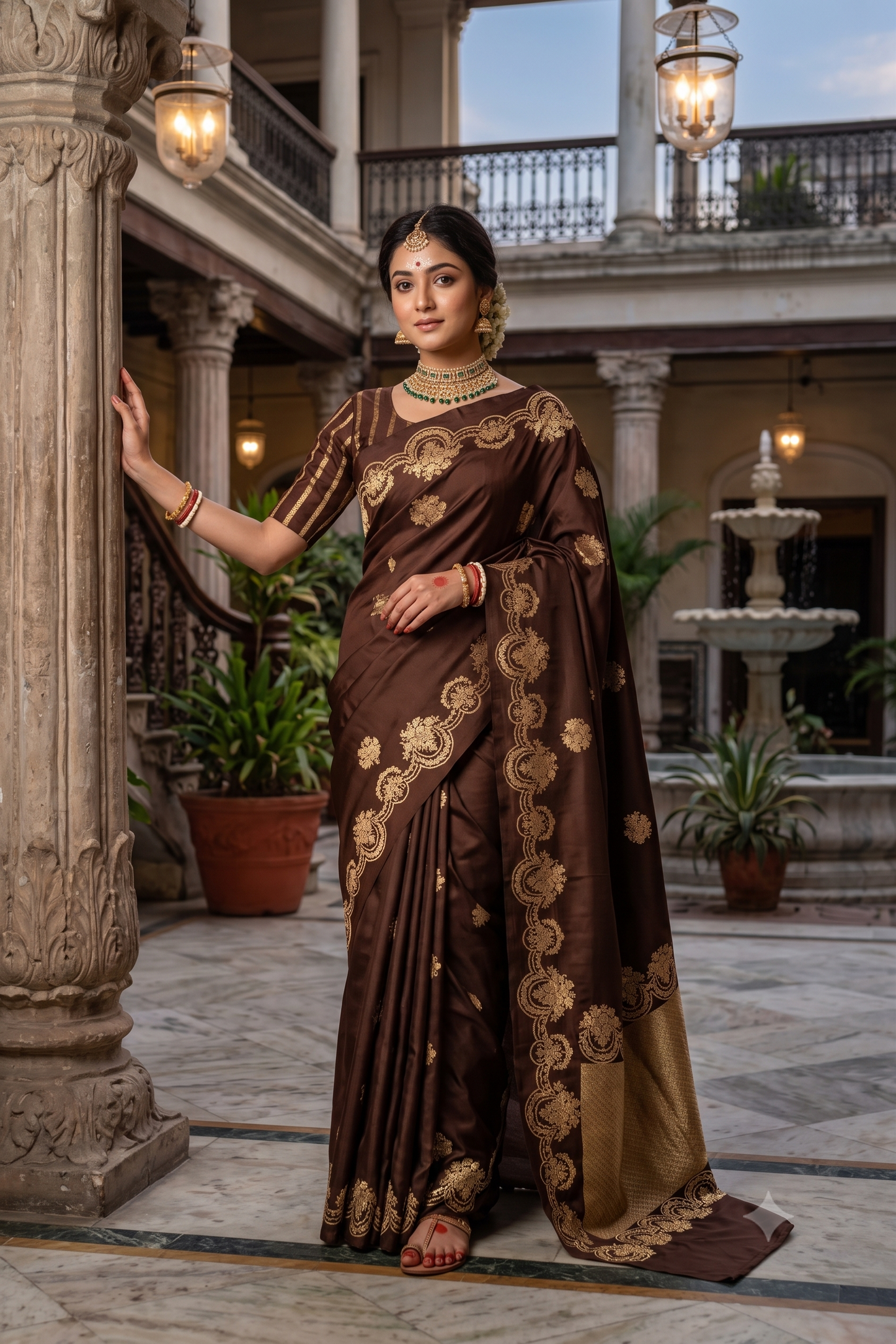 Coffee Mashru Silk Banarasi Handloom Saree, With Unstiched Blouse