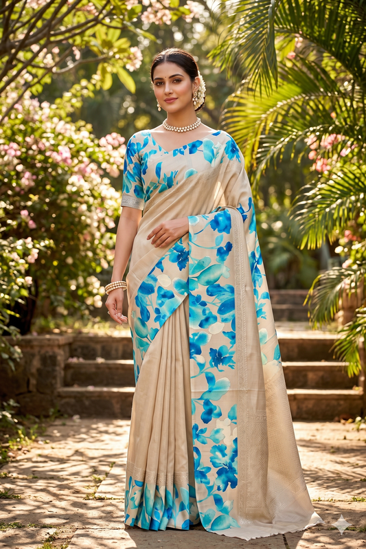 Beige Tussar Banarasi saree with digital mashru border, traditional wear by Saarang Sarees, showcasing intricate fabric and design details.