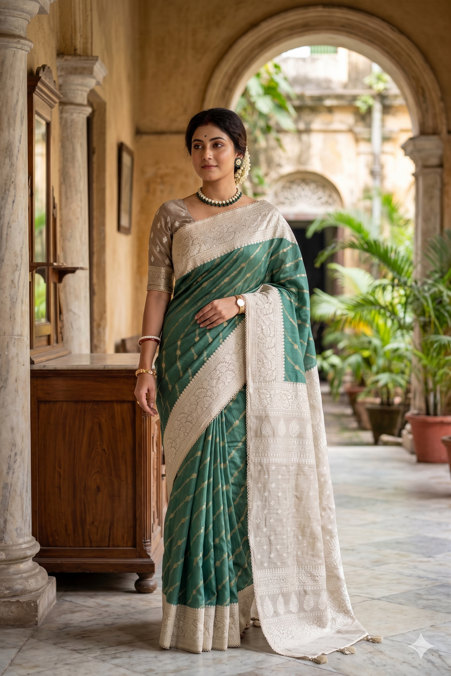 Deep Green Munga Handloom Saree With Chikankari Work, With Unstiched Blouse
