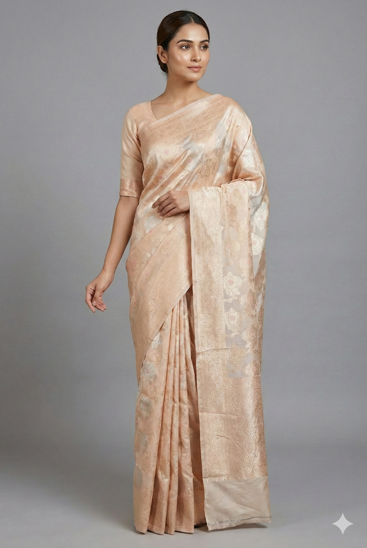 Light peach Uppada Banarasi saree with intricate gold zari work and an unstiched blouse, traditional Indian wear by Saarang Sarees.