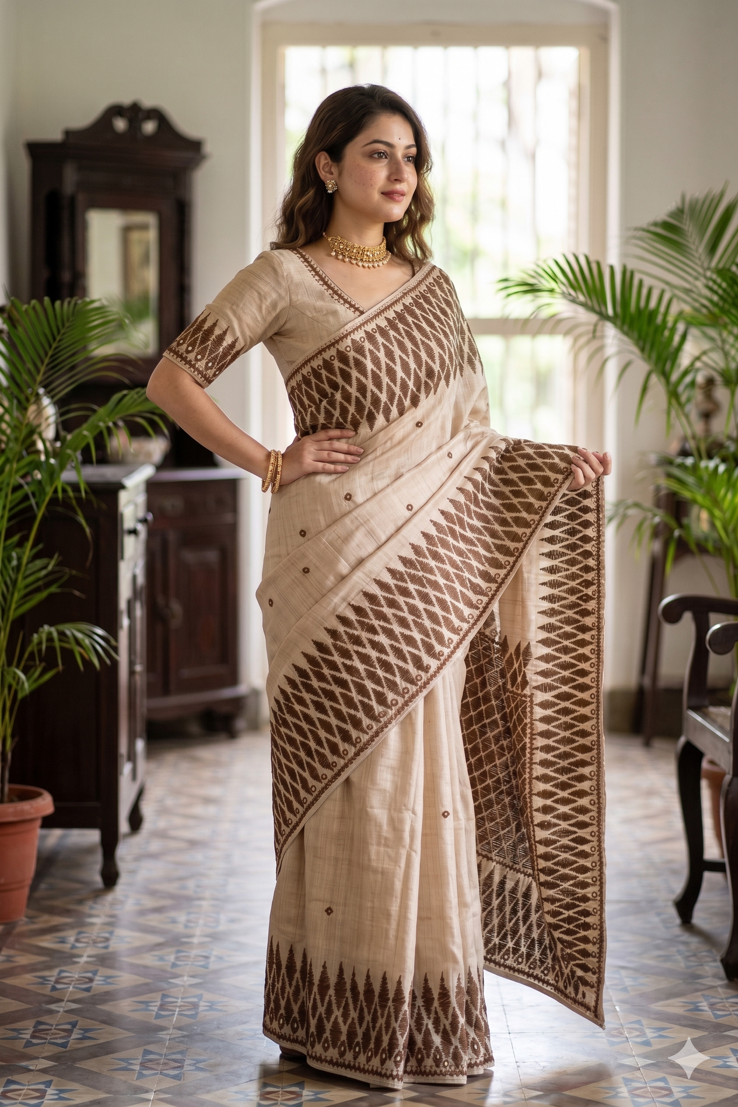 Off-White Tussar Embroidery Saree With Kathiawari Work Border, With Unstitched Blouse