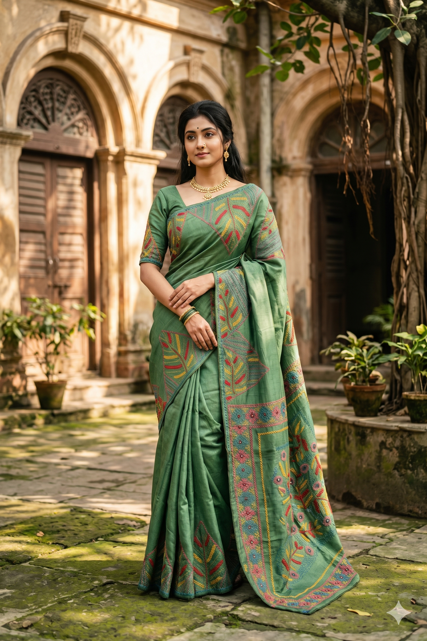 Deep Green Tussar Embroidery Saree With Lambani Work Border, With Unstitched Blouse
