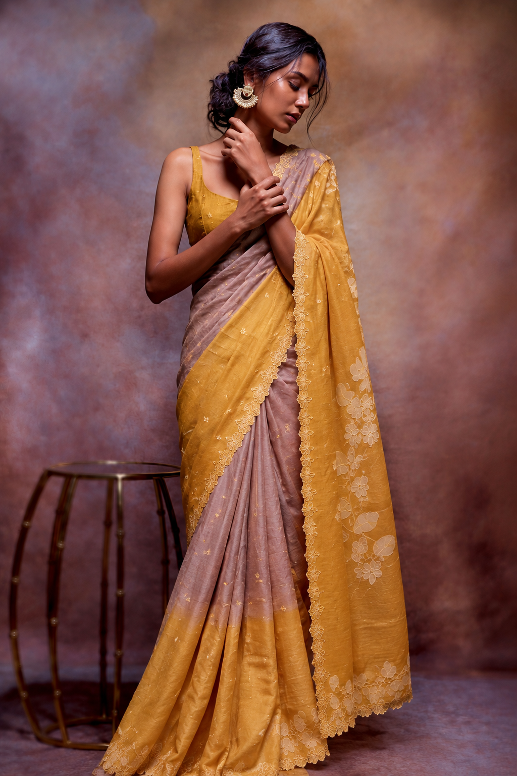 Mauve Pink and Mustard Yellow Tussar Applique Work Saree, With Unstiched Blouse