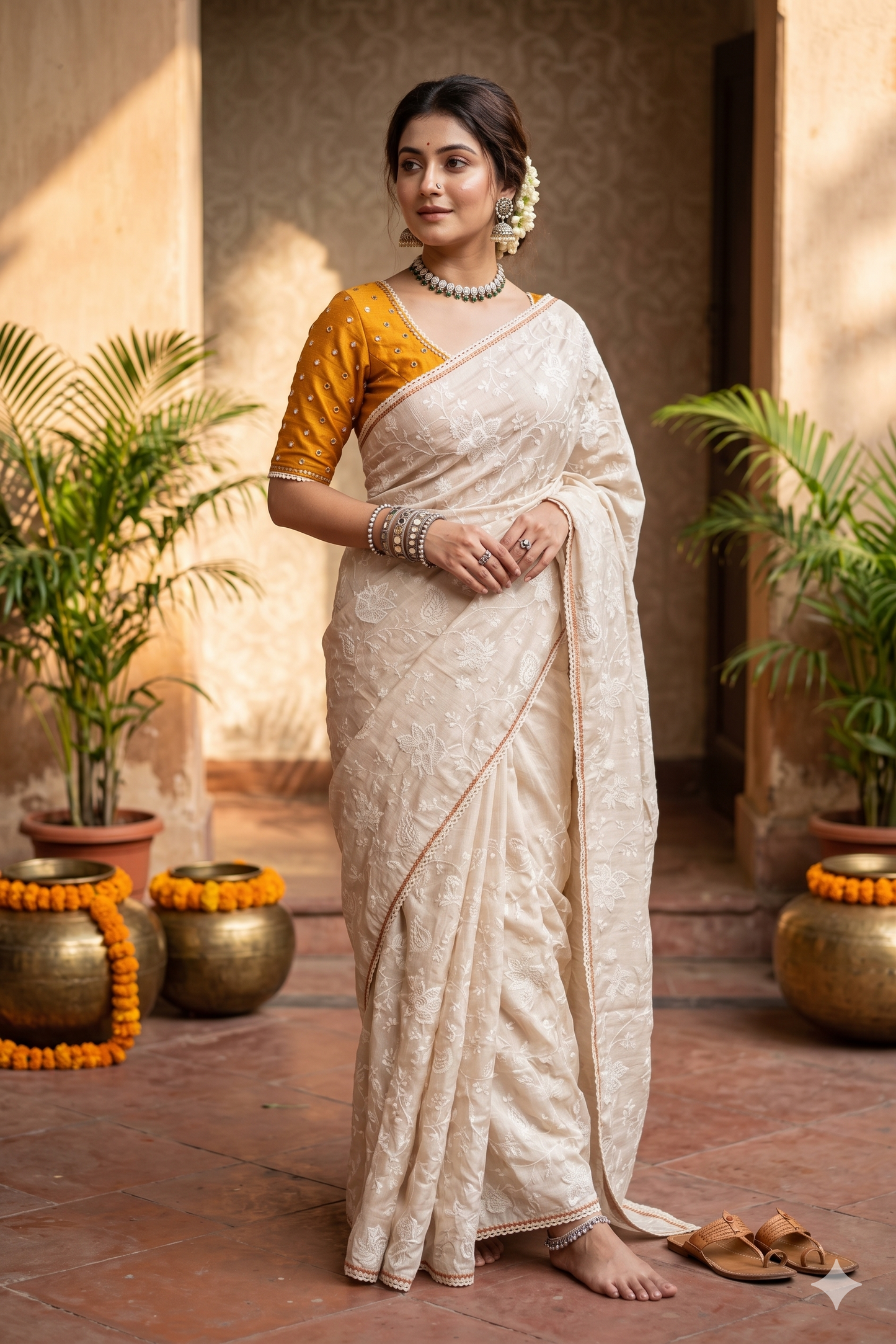 Off-White Tussar Thread Work Saree, With Unstiched Blouse