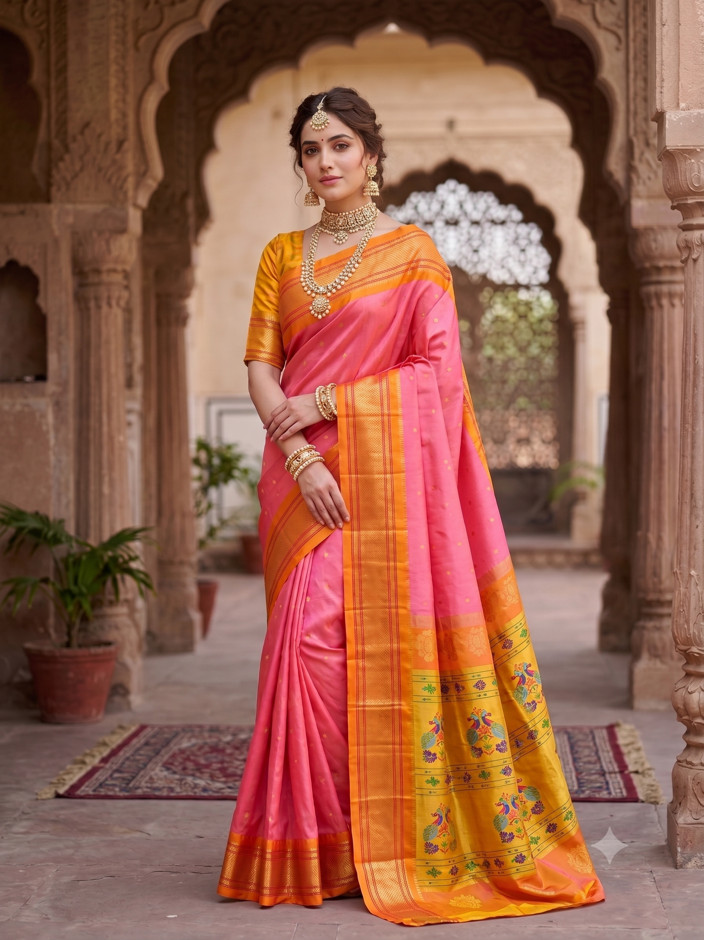 Pink & Yellow Paithani Silk Saree, Multi Colour Weaving, With Unstiched Blouse