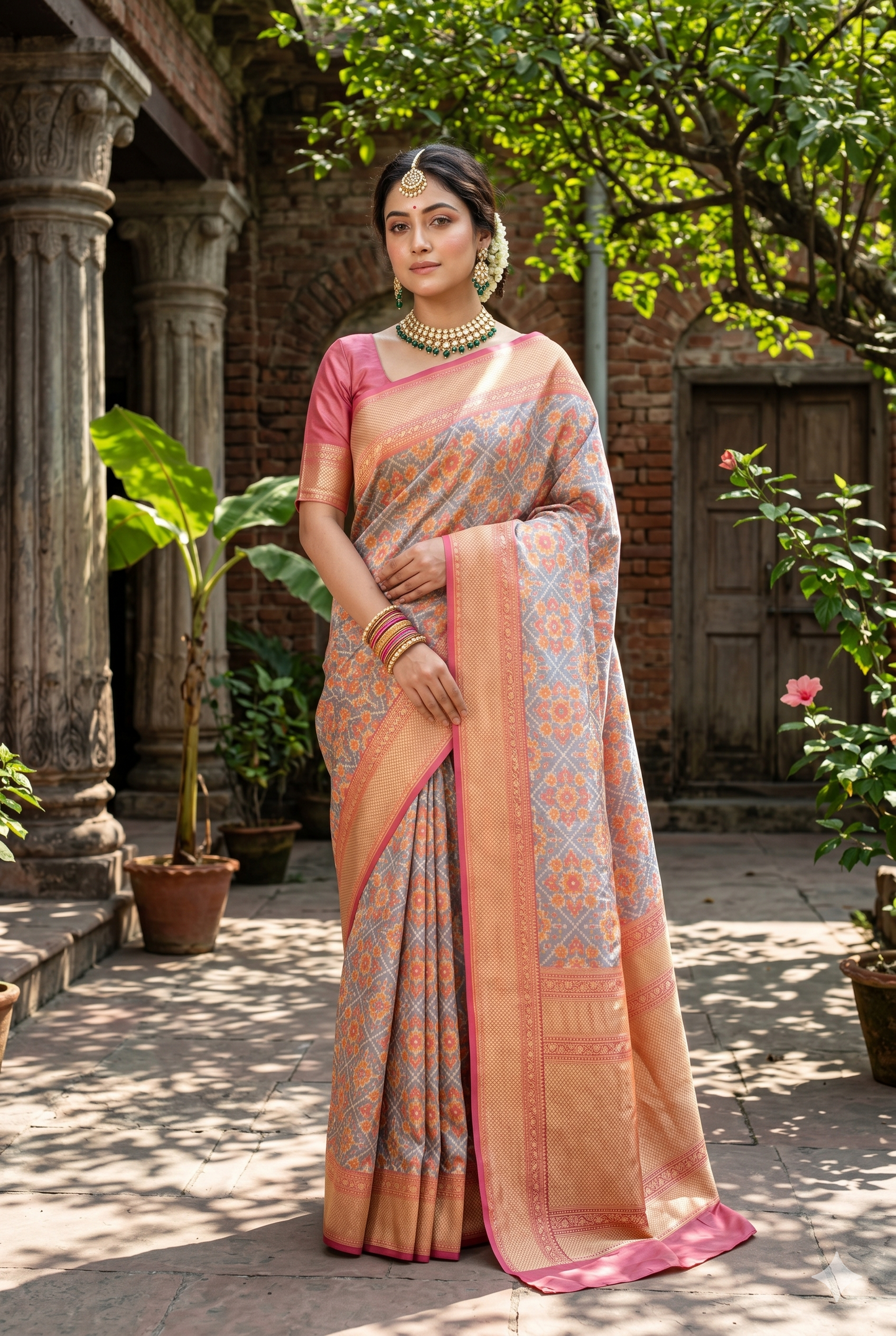 Pink Banarasi Patola Silk Saree, With Unstiched Blouse