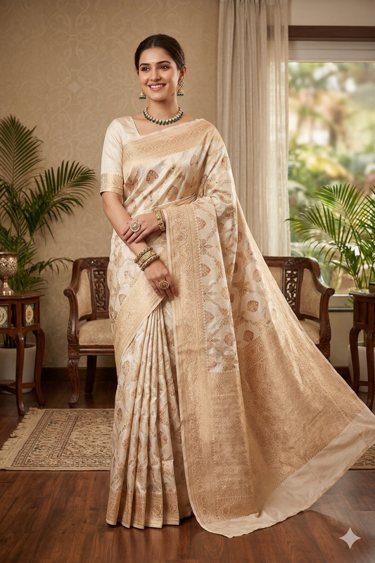 Off-White Uppada Banarasi saree from Saarang Sarees with intricate gold zari work and matching unstiched blouse, traditional Indian wear