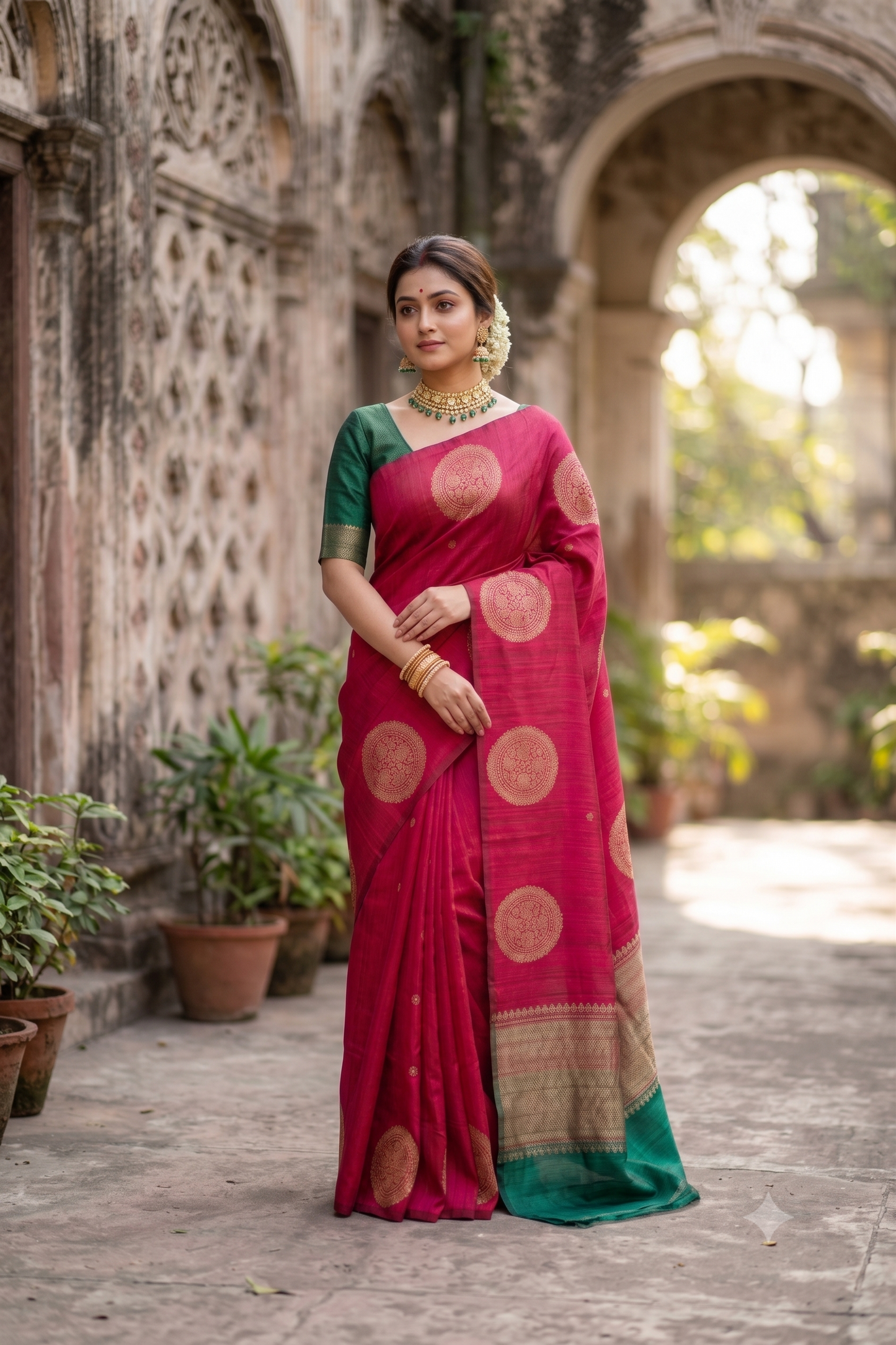 Maroon Pure Raw Tussar Banarasi Silk Saree, Hand Woven Motifs With Unstiched Blouse