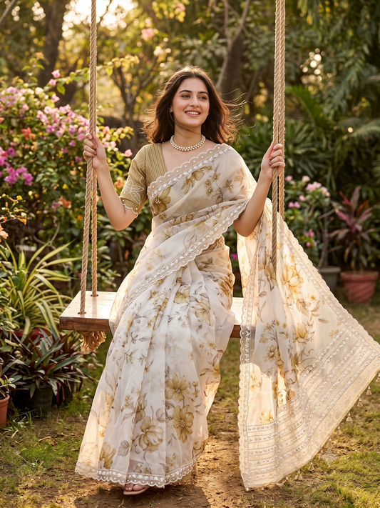 Off-White Organza Saree With Perl Work, With Unstitched Blouse