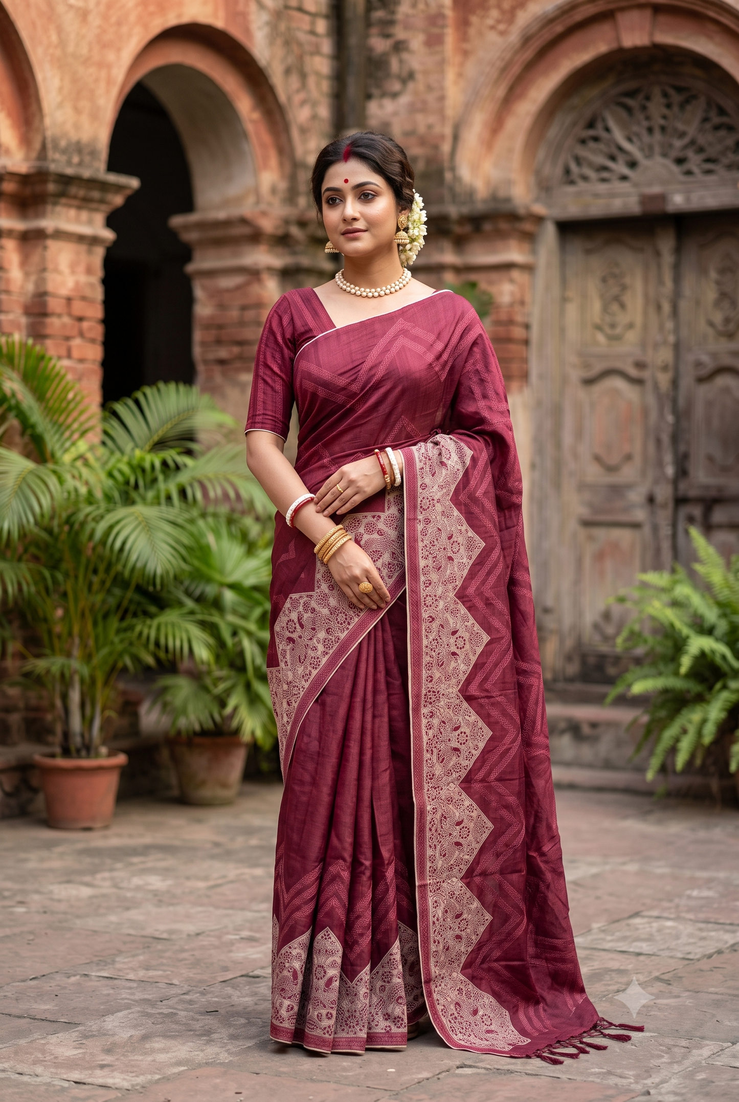 Wine Tussar Saree With Organza Applique Work, With Unstiched Blouse