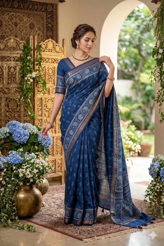 Deep blue Munga silk saree with kantha work and unstitch blouse from Saarang Sarees, showcasing intricate traditional embroidery.